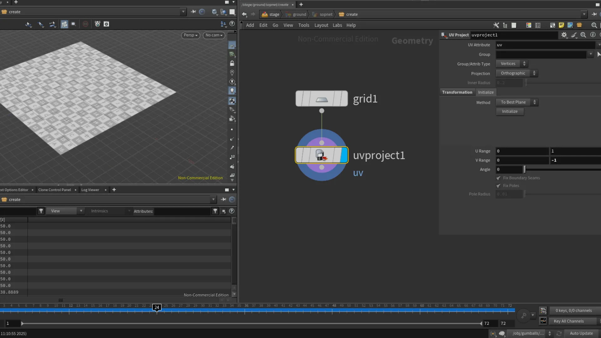 Inside the grid geometry level, we add a uv project node